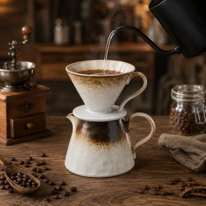 Puede incluir: Un gotero de café de cerámica se asienta sobre una jarra de cerámica a juego, ambos con un esmalte degradado en blanco y marrón. Un hervidor de cuello de cisne negro vierte agua caliente en el gotero, rodeado de granos de café tostados.