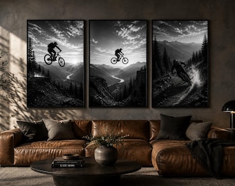 Väggkonst med mountainbike, set med 3, utskrivbar väggkonst med MTB, svartvita cykeltryck, mountainbikedekor, äventyrsaffischer