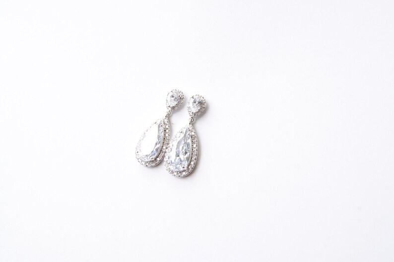 Bridal Earrings Silver . Silver Crystal Big Teardrop Earrings image 9