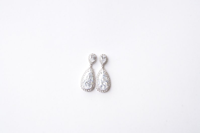 Bridal Earrings Silver . Silver Crystal Big Teardrop Earrings image 10