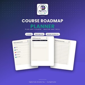 May include: A digital course roadmap planner with 13 pages, printable PDF, and instant download. The document features a Master Roadmap Overview, a 6-Month Roadmap Table, and a 30-Day Study Streak Tracker, all displayed against a purple background.