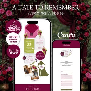 Chartreuse Magenta Floral Wedding Website Template: Interactive Canva Invitation (Digital Download)