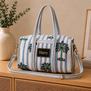 Bolsa de lona acolchada estampada a mano, bolsa de viaje de algodón, bolsa de fin de semana floral, bolso de hombro personalizado