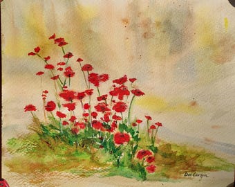 Poppies on a Hill, an original watercolor painting, framed or unframed.