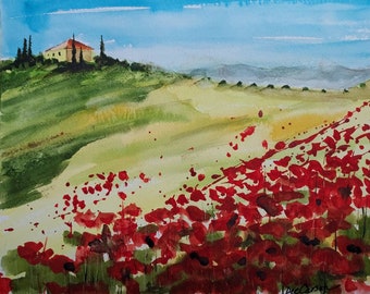 Yellow House, field of Poppies in Tuscany watercolor painting print or original