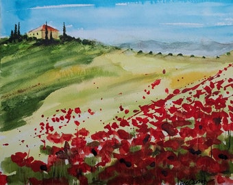 Yellow House, field of Poppies in Tuscany watercolor painting: print or original