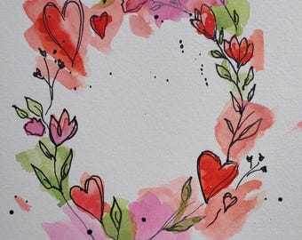 A Wreath of Hearts, an original watercolor