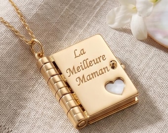 Collier Maman Or - Pendentif Livre Gravé La Meilleure Maman - Cadeau Fête des Mères, Anniversaire - Médaillon Souvenir Femme