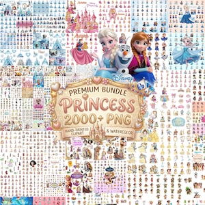 Könnte beinhalten: Eine digitale Sammlung von Disney-Prinzessinnen- und Frozen-Figurenillustrationen mit Elsa, Anna und Olaf. Der zentrale Text lautet Premium Bundle Princess 2000+ PNG Hand-Painted Clipart & Watercolor. Enthält verschiedene Symbole, Schlösser und Figuren.