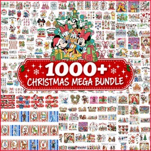 May include: A digital collection of over 1000 Christmas-themed graphic designs featuring various cartoon characters, holiday motifs, and festive patterns. The central red banner displays the text 1000+ CHRISTMAS MEGA BUNDLE in white.
