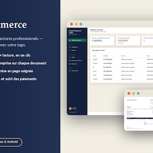 Può includere: Un'interfaccia digitale per il software SmartCommerce che mostra una dashboard con metriche finanziarie, un elenco di documenti e una fattura di esempio. La barra laterale blu scuro presenta icone di navigazione e tabelle di dati.