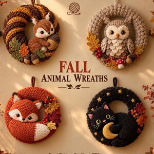 Pacote de Crochê para Guirlanda de Animais de Outono | Amigurumi Raposa, Coruja, Esquilo e Gato Preto | 4 Guirlandas de Outono em PDF | Decoração de Porta