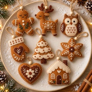 May include: A collection of eight felt Christmas ornaments in brown and cream tones, including a gingerbread person, reindeer, owl, mitten, tree, snowflake, heart, and house, each featuring intricate white embroidery and hanging loops.