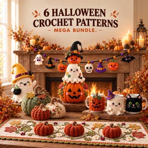 Zestaw wzorów szydełkowych na Halloween w formacie PDF, 6 wzorów amigurumi, dyniowy duch, przytulny kubek, girlanda, bieżnik na stół, jesienne dekoracje szydełkowe