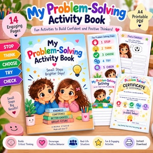 Puede incluir: Un libro de actividades colorido titulado My Problem-Solving Activity Book con ilustraciones de dos niños, una pila de libros etiquetados como Kindness, Confidence, Better Choices, Bright Future y un icono de bombilla. Incluye páginas imprimibles.