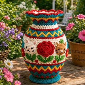 May include: A crochet vase featuring a vibrant, multi-coloured geometric pattern with a scalloped rim. The exterior is decorated with three-dimensional appliqués including a white cat face, a large red flower, and a brown cat face, all with green leaves.