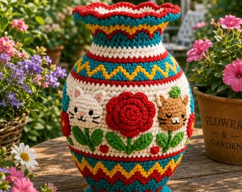 Crochet Vase Cover Pattern, Moroccan Boho Geometric Floral Cat Appliqué (PDF)