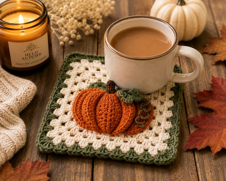 May include: A square crochet coaster featuring a cream-colored granny square pattern with a dark green border. A three-dimensional orange pumpkin with a brown stem and green leaves is attached to the center of the coaster, supporting a ceramic mug.