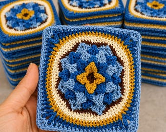 Blue Hygge 3D Flower Granny Square Crochet Pattern (PDF)