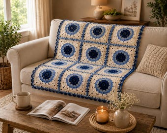 Blue Blossom Crochet Mandala Pattern PDF, Layered Floral Wall Decor (Digital Download)