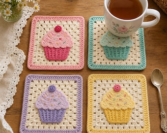 Cupcake Granny Square Crochet Pattern, Food Applique Motif (Digital Download)