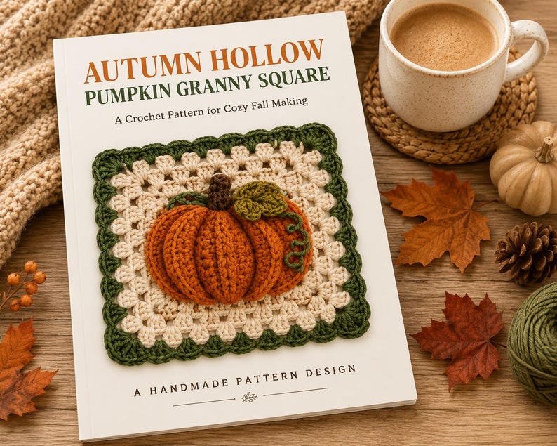 May include: A white book titled AUTUMN HOLLOW PUMPKIN GRANNY SQUARE A Crochet Pattern for Cozy Fall Making. The cover features a crocheted square with a cream center, a dark green border, and a three-dimensional orange pumpkin in the middle.