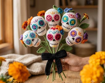 Crochet Sugar Skull Flower Bouquet Pattern | Amigurumi Calaverita Blooms PDF Tutorial