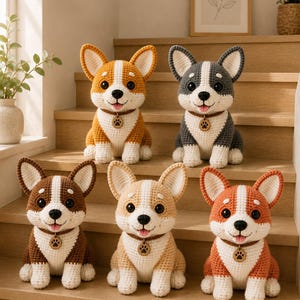 Puede incluir: Cinco peluches de Corgi tejidos a ganchillo en varios colores, incluyendo naranja, gris, marrón oscuro, bronceado claro y marrón rojizo. Cada animal de peluche presenta un pecho blanco, orejas puntiagudas, ojos negros, una pequeña lengua rosa y un collar marrón con una etiqueta de huella.