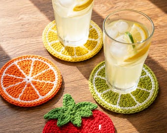 Crochet Fruit Coaster Pattern – Lemon, Lime, Orange, Strawberry Designs (PDF)