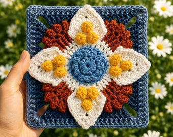 Boho Flower Granny Square | Handmade Crochet Star Motif Coaster Blanket Block | Blue Gold Rust Floral Mandala Square Applique