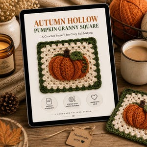 May include: A digital tablet displaying an Autumn Hollow Pumpkin Granny Square crochet pattern. The screen shows a square motif with a central orange pumpkin, cream-colored stitches, and a dark green border, plus three circular icons and text.