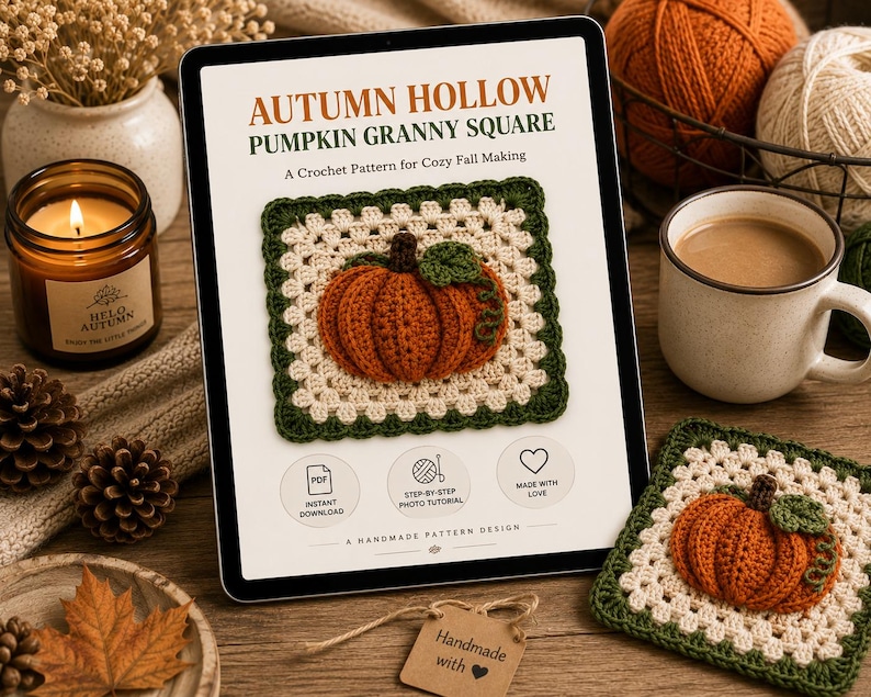 May include: A digital tablet displaying an Autumn Hollow Pumpkin Granny Square crochet pattern. The screen shows a square motif with a central orange pumpkin, cream-colored stitches, and a dark green border, plus three circular icons and text.