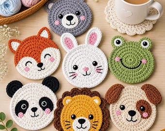 Crochet Coaster Pattern – 7 Amigurumi Animal Faces PDF Guidebook
