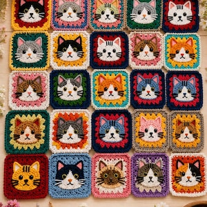 May include: A collection of twenty-five square crochet patches, each featuring a unique cat face design in various colours. The patches are arranged in a grid pattern, accompanied by two crochet hooks, a pair of scissors, and yarn balls.