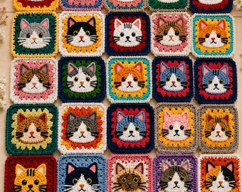 Cat Granny Square Crochet Pattern, Kitty Amigurumi Motif, Blanket PDF (Instant Download)