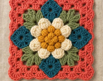Coral Daisy Granny Square Crochet Pattern | 3D Floral Motif (PDF Download)