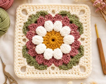 Daisy Bloom Crochet Granny Square Pattern | Layered Flower Block Tutorial (PDF Download)