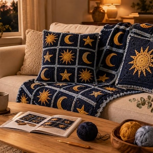 May include: A dark blue crochet blanket and two matching square cushions featuring a repeating pattern of yellow suns, moons, and stars. The items are crafted with a grid-like design, showcasing intricate yarn work in deep navy and golden yellow tones.