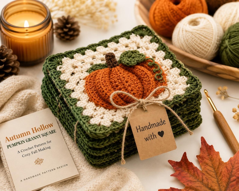 May include: A stack of square crochet coasters featuring a central orange pumpkin motif with a green stem and vine, bordered by cream and dark green yarn. A brown paper tag tied with twine reads "Handmade with heart" alongside a crochet pattern booklet.