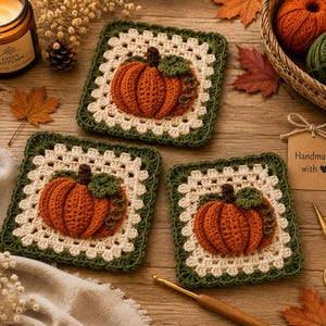 Op de afbeelding: Drie vierkante gehaakte onderzetters met een centrale 3D oranje pompoen met een groen blaadje en rank, omringd door een crèmekleurig granny square patroon en een donkergroene rand. Een bruin label bevat de tekst Handmade with heart.