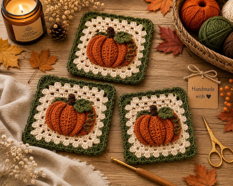 May include: Three square crochet coasters featuring a central 3D orange pumpkin with a green leaf and vine, surrounded by a cream-colored granny square pattern and a dark green border. A brown tag with the text Handmade with heart is included.