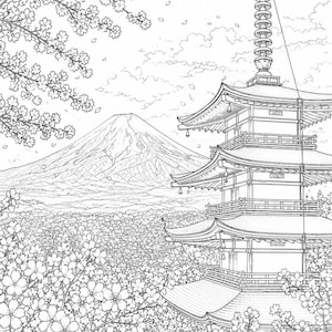 以下が含まれることがあります： 手前に多層の塔が描かれ、周囲を桜の枝が囲む白黒の線画イラスト。遠くには雲のかかった空の下に大きな山が見える風景が描かれています。