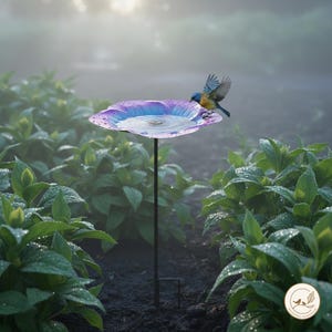 May include: A purple and blue flower-shaped bird bath on a thin black metal stake. A small blue and yellow bird with wings spread is perched on the edge of the basin, which contains water with ripples. The basin has a metallic, iridescent finish.