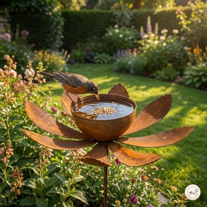 May include: A rust-colored metal bird bath shaped like a blooming flower with a central bowl filled with water and seeds. A small bird with a dark head, orange breast, and gray wings stands on the edge of the bowl, drinking from the water.