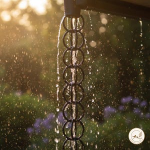 May include: A dark metal rain chain composed of a series of interconnected circular links. Water flows steadily down the centre of the chain, with droplets splashing outward. The structure is suspended vertically against a blurred outdoor backdrop.
