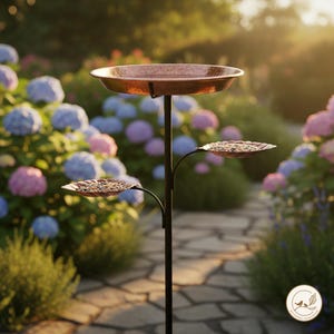 Baño para pájaros de cobre martillado con perchas en forma de hoja, estaca de metal antigua para jardín, decoración de patio.