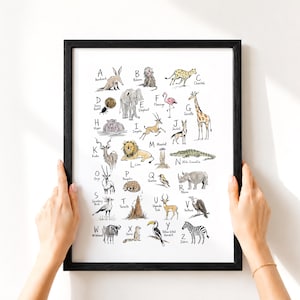 Safari Animal Alphabet Framed Wall Art African ABC Nursery Poster Kids Room Educational Decor