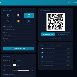 May include: A dark-themed web interface for QRCraft, a professional QR code generator. The layout features input fields for email, subject, and message, a central QR code display, download buttons for PNG and SVG, and customization settings for color and size.