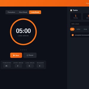 以下が含まれることがあります： ダークテーマのFocusFlow生産性ダッシュボードインターフェース。中央には05:00のロングブレイクを示すオレンジ色の円形タイマーが表示されています。レイアウトにはタスク管理サイドバーと上部ナビゲーションバーが含まれています。