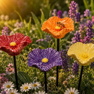 May include: Four decorative garden stakes featuring glossy ceramic poppy-shaped flowers in red, orange, purple, and yellow. Each flower has a textured yellow center and is mounted on a thin black metal rod. A small bee rests on the orange flower.
